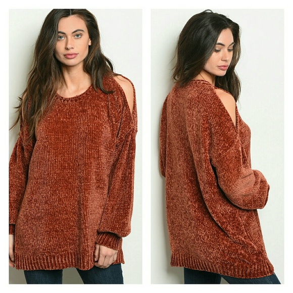 Pumpkin Spice Chenille Cold Shoulder Sweater - Picture 2 of 3